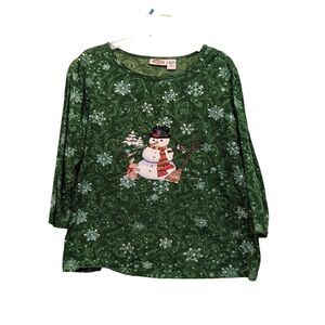 Snowman and Rabbit Blouse Sequin Sparkle Snowflakes Size XL Green Swirls Gift